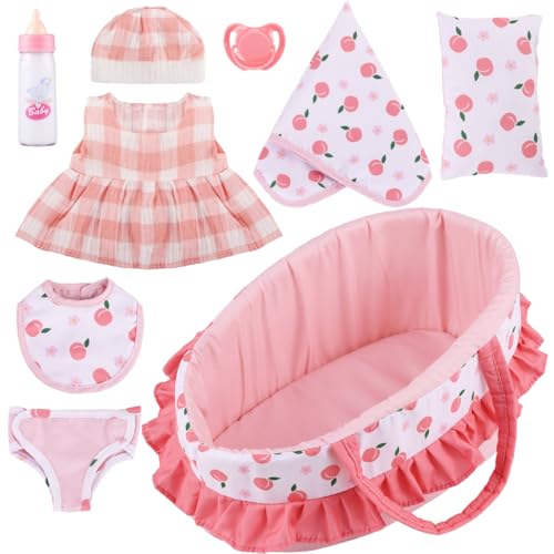 GAGAKU Babypuppenzubehör, 30,5 cm Baby-Puppen-Tragebett, 30 cm großes Baby-Puppenzubehör, Babybett, inklusive magischer Babyflasche, Lätzchen, Schnuller, Kleidung, Windel von GAGAKU