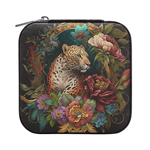 GAIREG Leoparden-Blumen auf schwarzer Reise-Schmuckschatulle, tragbarer Schmuckkoffer für Ringe, Ohrringe, Halskette, kleine PU-Leder-Schmuckschatulle für Damen, Schwarz von GAIREG