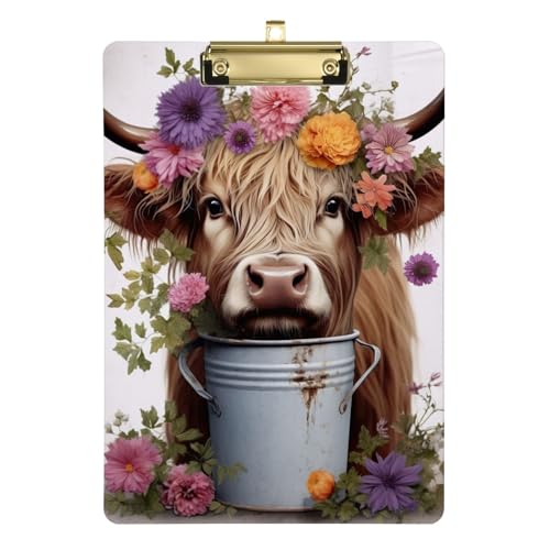 Highlands Klemmbrett mit Kuh und Blumen, Acryl-Klemmbrett für Kinder, Studenten, Krankenschwestern, Trainer, Lehrer, A4, Briefgröße 31,8 x 22,9 cm, goldfarbener Clip Highlands Klemmbrett mit Kuh und Blumen, Acryl-Klemmbrett für Kinder, Studenten, Krankenschwestern, Trainer, Lehrer, A4, Briefgröße 31,8 x 22,9 cm, goldfarbener Clip von GAIREG