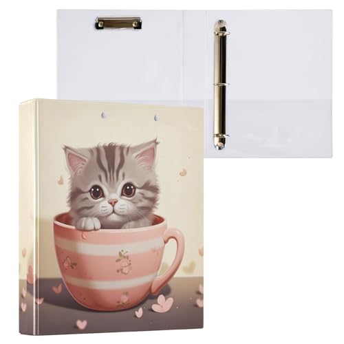 Niedliche Katze in einer Tasse, 3 Ringbuch, hält 200 Blatt, runde Ringe, dekorativer Ordner von GAIREG