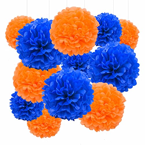 GAKA FAVOR 12er Seidenpapier Pompons Set,Orange un Marineblau Tissue Hängedekoration Papier Pompoms Deko für Hochzeit,Taufe,Geburtstag,Kommunion,Nationalfeiertag Party Deko von GAKA FAVOR