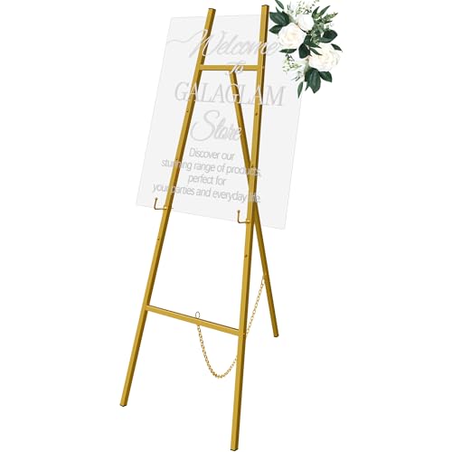 GALAGLAM Staffelei-Ständer für Schilder, 144,8 cm, goldfarben, verstellbar, 4 Etagen, Boden mit Kettenstütze, Metall-Staffeleien zum Malen, Präsentationsständer für Hochzeit, Babyparty von GALAGLAM