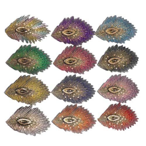 GALPADA 12 Stück Teiliges Bunte Pailletten Pfauenfeder Stoffapplikationen zum Aufnähen DIY Kleidung Dekoration Bestickte Patch Sticker für Taschen Bastelprojekte Kreative Modeschmuck von GALPADA