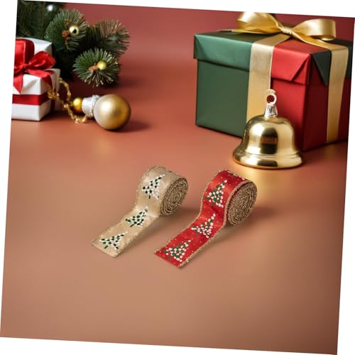 GALPADA 2 Rollen Weihnachtsband mit Drahtkante Stabiles Stoffband für DIY Kränze Schleifen Geschenkverpackung Festliches Weihnachtsband mit Tannenbaum Glitzermuster Rot und Khaki von GALPADA