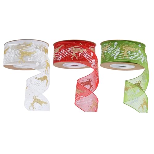 GALPADA 3 Stück Teiliges Weihnachtsband aus Polyester Geschenkverpackungsband mit Noten und Rentier Muster in Weiß Rot Grün Vielseitig für DIY Dekoration und Geschenkverpackung von GALPADA