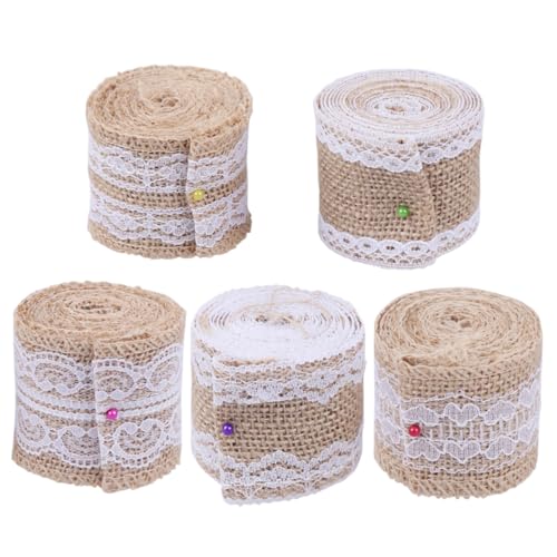 GALPADA 5 Stück Teiliges Natur Juteband mit Spitze Langlebiges DIY Bastelband aus Natürlichem Leinen Handgefertigte Hochzeit Geschenk Dekoration Rustikales Bastelmaterial für Party und von GALPADA