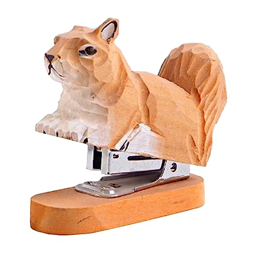 GALPADA Holz Tier Heftgerät Kreative Eichhörnchen Statue als Schreibtisch Deko Mini Stapler Handgefertigte Holzschnitzerei für Büro und Zuhause Tierform Langlebig und Charmant von GALPADA