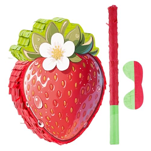 GALPADA Strawberry Pinata mit Aufhängeschlaufe und Befüllöffnung Inkl Stock und Augenbinde für Interaktive Geburtstagsfeier Vielseitige Erdbeerparty-deko für Shower Aktivitäten von GALPADA