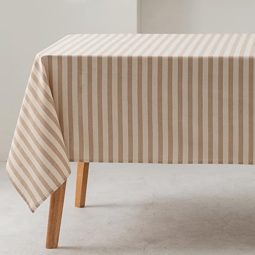 GAMUSI Tischdecke, rechteckig, gestreift, beige, wasserdicht, 100 % Baumwolle, waschbar, innen und außen, 140 x 240 cm von GAMUSI