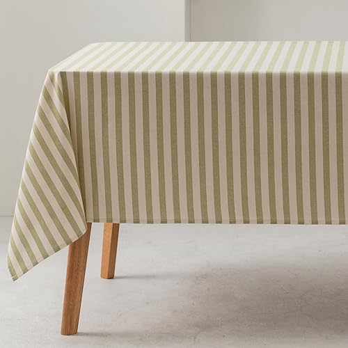 GAMUSI Quadratische Tischdecke mit grünen Streifen, wasserdicht, 100 % Baumwolle, waschbar, innen und außen, 140 x 300 cm von GAMUSI