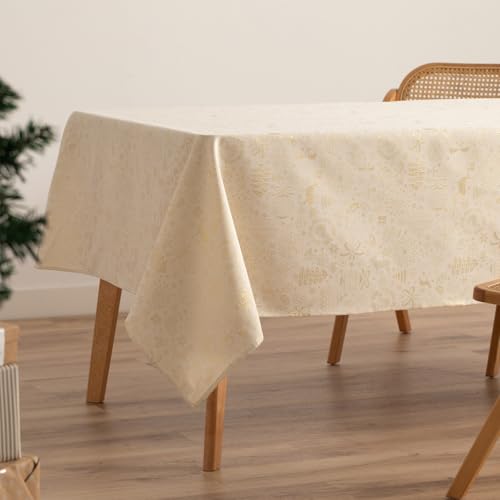 GAMUSI Tischdecke für Weihnachten, Jacquard, Goldfaden, Esstisch, rechteckig, Weihnachtsdekoration, 140 x 300 cm, Ecru von GAMUSI