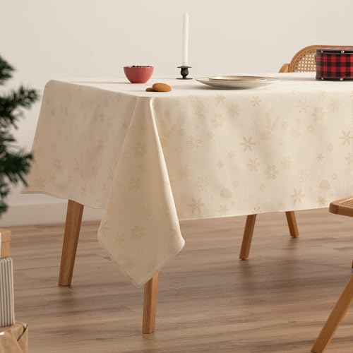 GAMUSI Tischdecke für Weihnachten, Jacquard, Goldgarn, Esstisch, rechteckig, Weihnachtsdekoration, 140 x 240 cm, naturfarben von GAMUSI