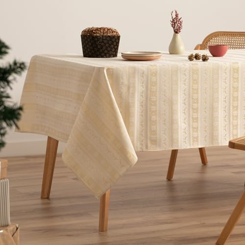 GAMUSI Tischdecke für Weihnachten, Jacquard, Goldgarn, Esstisch, rechteckig, Weihnachtsdekoration, 140 x 350 cm, naturfarben von GAMUSI