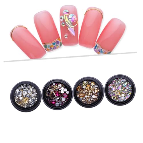 GANAZONO 4 Boxen Goldene Nagelkunst Metall Nieten Mond Herz Strasssteine Nail Art Deko für Kreative Maniküre Designs von GANAZONO