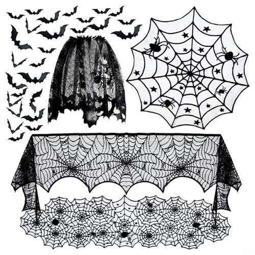 GANCEI Halloween-Dekorationsset mit Spitzen-Tischläufer, Kaminschal, runder Tischdecke, Spinnennetz-Lampenschirm und 36 schwarzen 3D-Fledermaus-Wandaufklebern von GANCEI