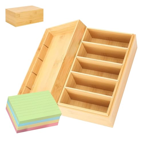 A7 Karteikarten Box Holz, 22x12,6x9cm Holzkarten Vokabelbox mit Deckel, Holzbox Card Storage Box mit 4 Herausnehmbar Trennwänden und 400 Stück Haftnotizen, Lernkarteibox Holz(Inklusive Index Cards) von GANILITY