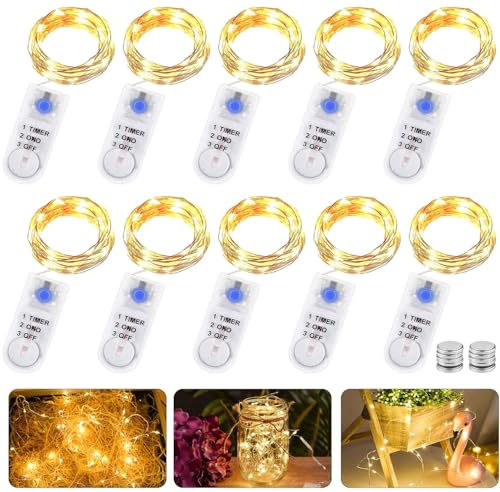 GAOUTO 10 Stk 2M 20LED Lichterkette Batterie mit Timer, LED Micro Batterie-betrieben Kupfer Drahtlichterkette Weihnachtsbeleuchtung für Zimmer, Innen, Weihnachten, Außen, Party, Hochzeit, DIY von GAOUTO