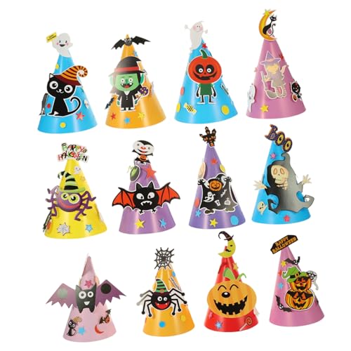 GARIOUANS 12 Stück Teiliges Halloween DIY Papierhüte Leichte Tragbare Kostümkappen mit Bunten Handwerklichen Motiven für Halloween Party und Kreative Bastelaktivitäten von GARIOUANS