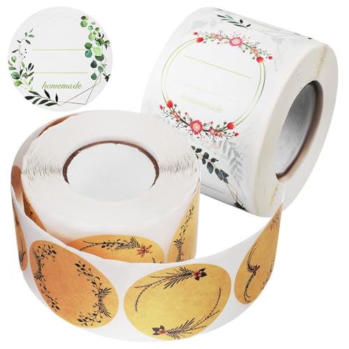 GARIOUANS 2 Rollen Selbstklebende Geschenketiketten Kraftpapier mit Pflanzenkranz Muster Aufkleber zum Beschriften für Geschenkverpackungen Marmeladengläser Backen Hochzeit Geburtstag von GARIOUANS