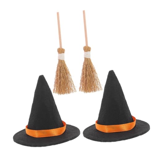 GARIOUANS 2 Sätze Halloween Mini Hexenhüte und Kleine Besen Teilig Realistische Puppenhaus Dekoration Schwarze Winzige Hexenhüte und Natur Mini Besen für Halloween Basteln und Miniatur von GARIOUANS