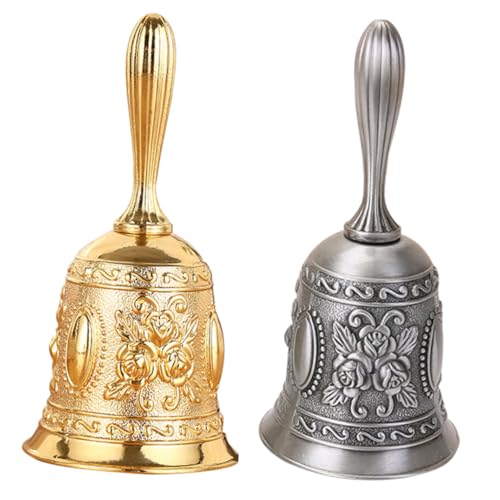 GARIOUANS 2 Stück Handglocke Vintage Stil Handklingel mit Griff aus Rosegold und Antiksilber für Restaurant Service Hotel Küche Kinderbetreuung von GARIOUANS