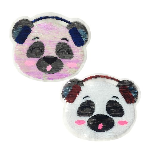 GARIOUANS 2 Stück Teilig Bestickte Patches Panda Ohrhörer Reversible Farbwechsel Pailletten Stoffaufnäher Langlebig und Modisch für Kleidung Taschen Dekoration von GARIOUANS