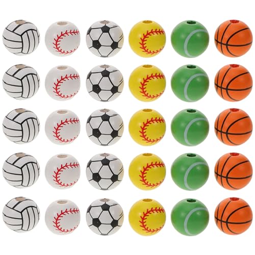 GARIOUANS 30 Stück Teiliges Holzperlen mit Ballmotiven Langlebige DIY Bastelperlen zum Auffädeln Inklusive Fußball Volleyball Tennis Basketball und Baseball für Schmuckherstellung und von GARIOUANS