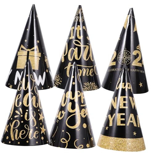 GARIOUANS 6 Stück Schwarze Metallic Partyhüte Papierkegelhüte mit Neujahrsdesign und Segenssprüchen für Silvester Neujahrsfeiern Festliche Kopfbedeckung für Damen und Herren von GARIOUANS