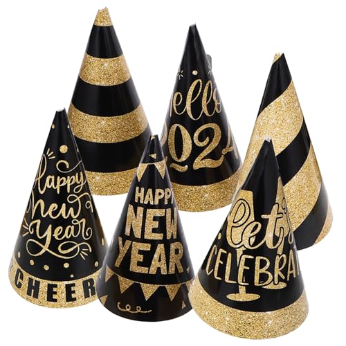 GARIOUANS 6 Stück Teiliges Silvester Partyhütchen Schwarz-gold aus Papier Neujahrs Kegelhüte mit Happy Year Design Leichte Bequeme Kopfbedeckung für Countdown und Jahreswechsel Feier von GARIOUANS