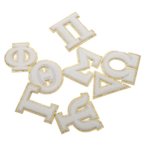 GARIOUANS 8 Stück Aufkleber mit griechischem Alphabet Stoffaufkleber Bügelflicken für Kleidung Flicken aufbügeln Aufnäher für Rucksack Buchstaben-Stickerei-Patch Aufnäher zum Aufbügeln Beige von GARIOUANS