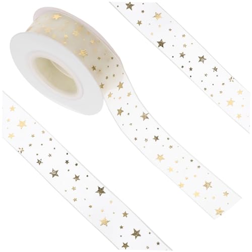 GARIOUANS Festliches Geschenkband aus Seidigem Organza mit Goldfarbenem Sternenmuster Breit Lang Vielseitiges DIY Schleifenband für Geschenkverpackung Basteln und Dekoration von GARIOUANS