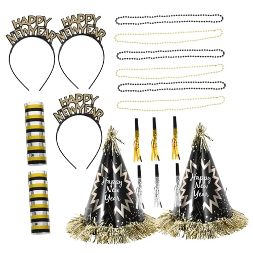 GARIOUANS Year Party Set für Erwachsene mit Schwarz-goldenem Beaded Necklace Papierhut Stirnband und Noise Makers Vielseitige Silvester Deko für Feierlichkeiten und Festliche Stimmung von GARIOUANS