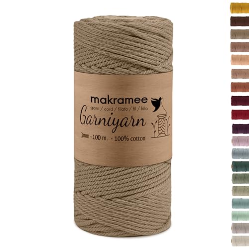 GARNIYARN Premium Makramee Garn 3mm – Weiches Baumwollseil für Macrame, DIY-Bastelprojekte, Wandbehänge, Pflanzenhänger und Wohnaccessoires, Stricken – 100% Natürlich Cotton – 3mm (Latte, 100m) von GARNIYARN