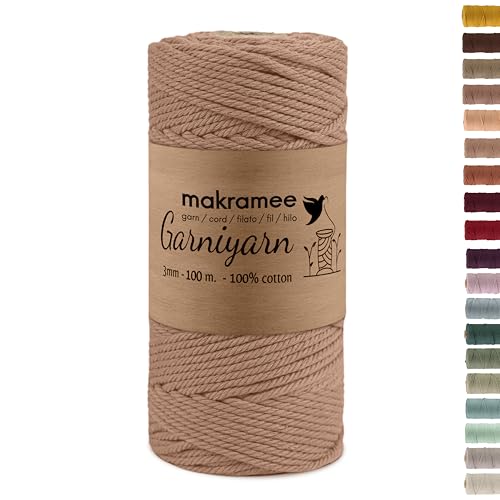 GARNIYARN Premium Makramee Garn 3mm – Weiches Baumwollseil für Macrame, DIY-Bastelprojekte, Wandbehänge, Pflanzenhänger und Wohnaccessoires, Stricken – 100% Natürlich Cotton – 3mm (Rustic Pink, 100m) von GARNIYARN