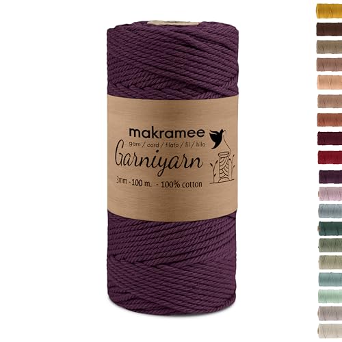 GARNIYARN Premium Makramee Garn 3mm – Weiches Baumwollseil für Macrame, DIY-Bastelprojekte, Wandbehänge, Pflanzenhänger und Wohnaccessoires, Stricken 100% Natürlich Cotton – 3mm (Brombeere Burgunder) von GARNIYARN