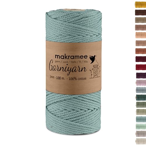 GARNIYARN Premium Makramee Garn 3mm – Weiches Baumwollseil für Macrame, DIY-Bastelprojekte, Wandbehänge, Pflanzenhänger und Wohnaccessoires, Stricken – 100% Natürlich Cotton – 3mm (Enteneiblau, 100m) von GARNIYARN