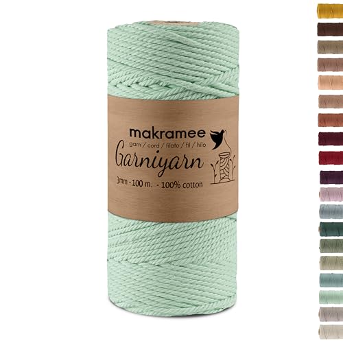 GARNIYARN Premium Makramee Garn 3mm – Weiches Baumwollseil für Macrame, DIY-Bastelprojekte, Wandbehänge, Pflanzenhänger und Wohnaccessoires, Stricken – 100% Natürlich Cotton – 3mm (Menthol, 100m) von GARNIYARN