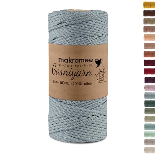 GARNIYARN Premium Makramee Garn 3mm – Weiches Baumwollseil für Macrame, DIY-Bastelprojekte, Wandbehänge, Pflanzenhänger und Wohnaccessoires, Stricken – 100% Natürlich Cotton – 3mm (salbeiblau, 100m) von GARNIYARN