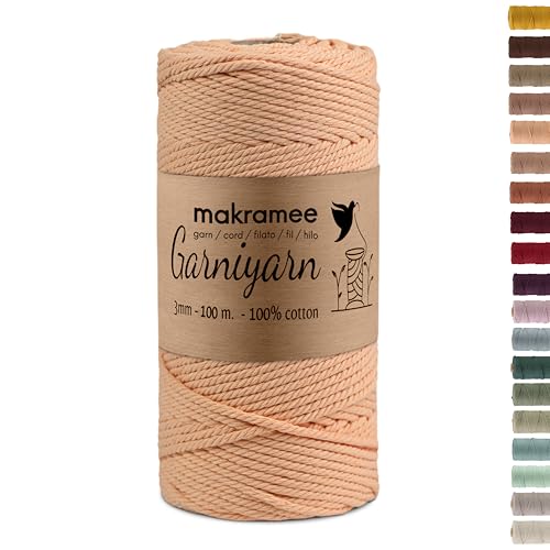 GARNIYARN Premium Makramee Garn 3mm – Weiches Baumwollseil für Macrame, DIY-Bastelprojekte, Wandbehänge, Pflanzenhänger und Wohnaccessoires, Stricken – 100% Natürlich Cotton – 3mm (Peach Fuzz, 100m) von GARNIYARN