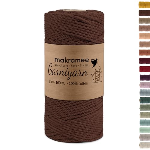 GARNIYARN Premium Makramee Garn 3mm – Weiches Baumwollseil für Macrame, DIY-Bastelprojekte, Wandbehänge, Pflanzenhänger und Wohnaccessoires, Stricken – 100% Natürlich Cotton – 3mm (Brown, 100m) von GARNIYARN