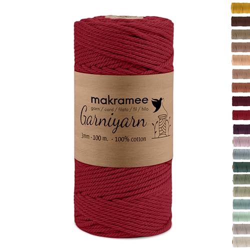 GARNIYARN Premium Makramee Garn 3mm – Weiches Baumwollseil für Macrame, DIY-Bastelprojekte, Wandbehänge, Pflanzenhänger und Wohnaccessoires, Stricken – 100% Natürlich Cotton – 3mm (Elegant Red, 100m) von GARNIYARN