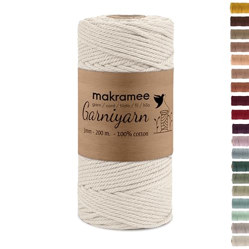 GARNIYARN Premium Makramee Garn 3mm – Weiches Baumwollseil für Macrame, DIY-Bastelprojekte, Wandbehänge, Pflanzenhänger und Wohnaccessoires, Stricken – 100% Natürlich Cotton – 3mm (Natural, 100m) von GARNIYARN