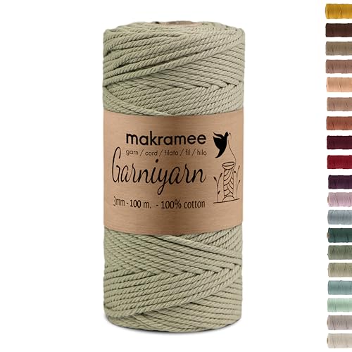 GARNIYARN Premium Makramee Garn 3mm – Weiches Baumwollseil für Macrame, DIY-Bastelprojekte, Wandbehänge, Pflanzenhänger und Wohnaccessoires, Stricken – 100% Natürlich Cotton – 3mm (Olive Green, 100m) von GARNIYARN