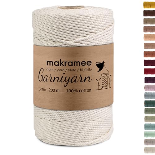 GARNIYARN Premium Macrame Garn – Weiches Baumwollseil für Makramee, DIY-Bastelprojekte, Wandbehänge, Pflanzenhänger und Wohnaccessoires (Natural, 200m) von GARNIYARN