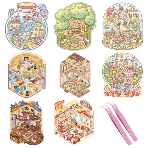GAROMIA 3d House Sticker 8 Sets 3D Stickers Scene Miniatur Haus Sticker Cartoon Aufkleber kinder Hausbau Room für Erwachsene und Kinder von GAROMIA