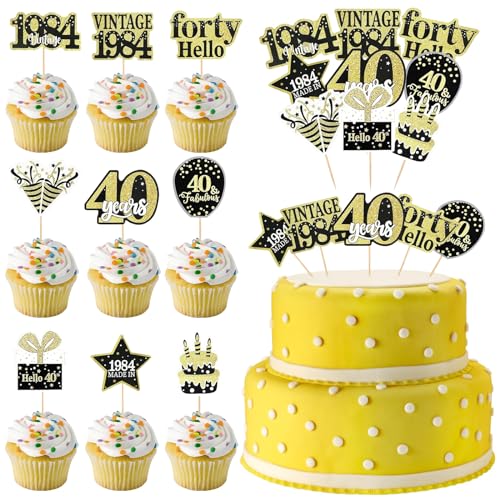 GAROMIA 45 Stück 40th Geburtstag Tortendeko Frau Mann 1984 Cupcake Toppers Schwarz Gold Cake Topper Forty Geburtstagsdeko 40 Geburtstag Tischdekoration Hochzeitstag Party Kuchen Dekorationen Zubehör von GAROMIA