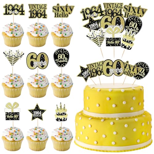 GAROMIA 45 Stück 60th Geburtstag Tortendeko Frau Mann 1964 Cupcake Toppers Schwarz Gold Cake Topper Forty Geburtstagsdeko 60 Geburtstag Tischdekoration Hochzeitstag Party Kuchen Dekorationen Zubehör von GAROMIA