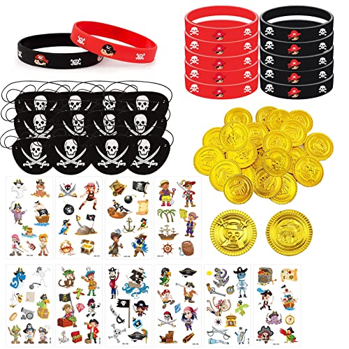 GAROMIA 58 Stück Piraten Mitgebsel Kindergeburtstag Piraten Deko Kindergeburtstag Piraten Goldmünzen Piraten Silikonarmbänder Piraten Augenklappe Piraten Accessoires für Kinder Piratenparty von GAROMIA