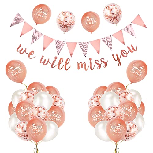 GAROMIA Abschieds Party Deko, Abschieds Dekoration Set We Will Miss You Banner Good luck Luftballons Dreieck Flagge Banner, Wir Werden Dich Vermissen Deko für Absolvent Ruhestandsfeier-Roségold von GAROMIA