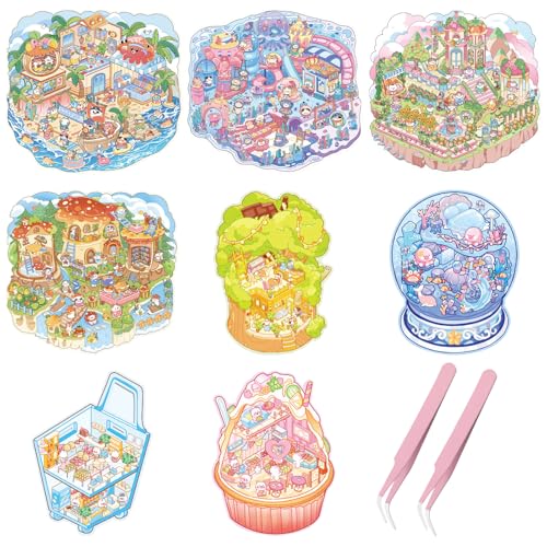 GAROMIA Aufkleber 8 Sets Sticker Scene DIY 3D Sticker House 3D Stickers Scene mit 2 Pinzette DIY Miniatur Haus von Bäckerei Vergnügungspark für Erwachsene und Kinder von GAROMIA